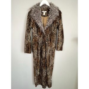LUCENT Y2K VINTAGE Long Faux Fur Leopard Jacket Womens M Glam Indie Sleaze